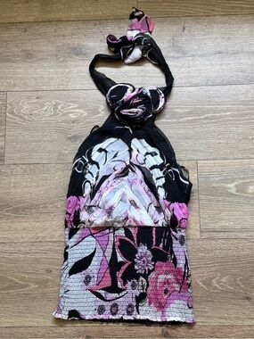 bebe Black Pink White Floral Halter Crop Top